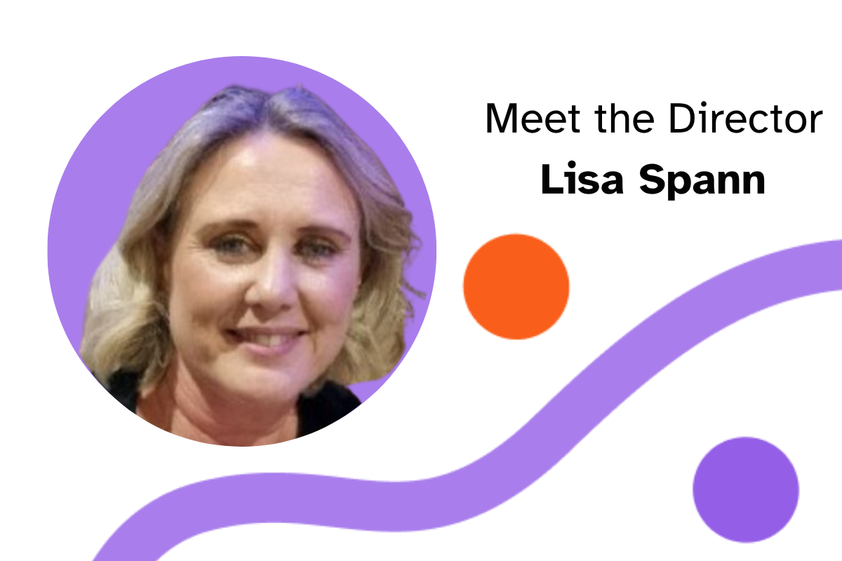 Photo of Lisa Spann floats inside a purple circle with Never Grey branding.